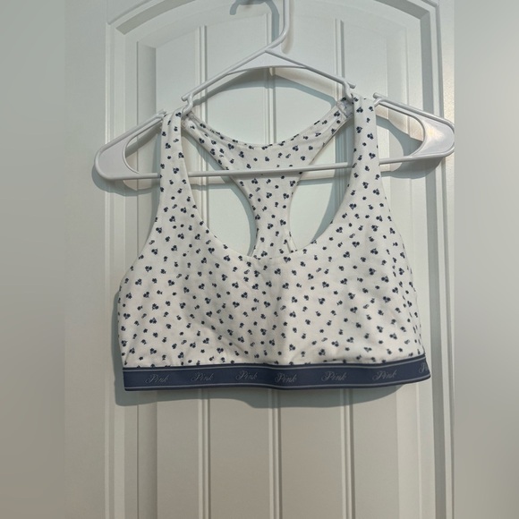 PINK Victoria's Secret Cotton Racerback Bralette, White Floral Print Sports Bra - Picture 3 of 8